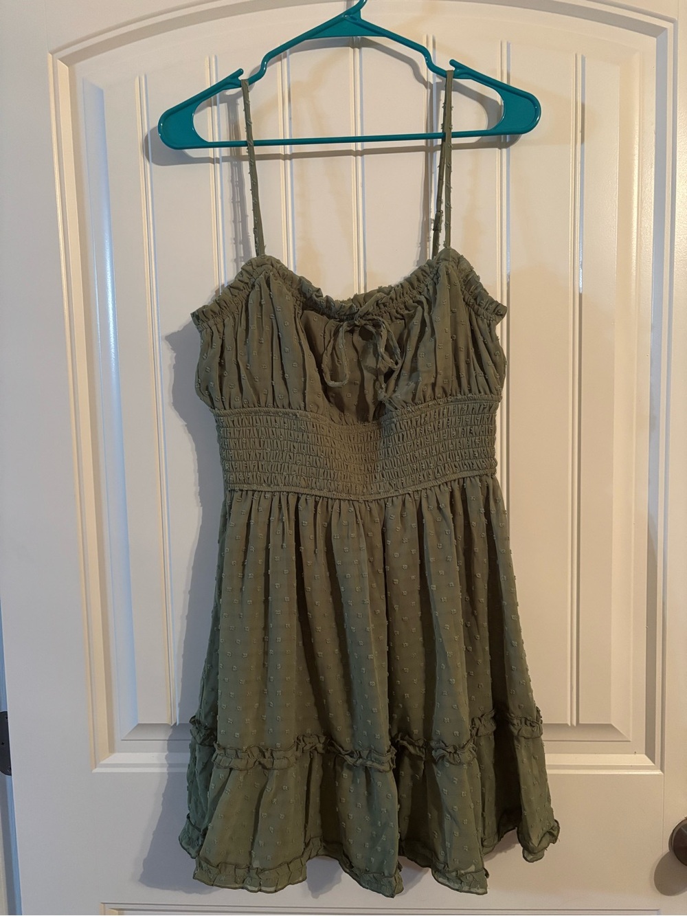 Francesca's Collections Olive Green Smocked Mini Dress with Ruffle Hem